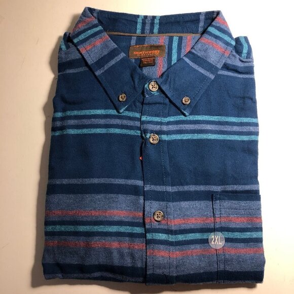 🛒 $15 NORTHWEST TERRITORY Blue Button Up Flannel Plaid Long Sleeve 2XL NWT - Picture 2 of 3